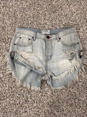 One by One Teaspoon Light Blue Distressed Fringe Denim Shorts